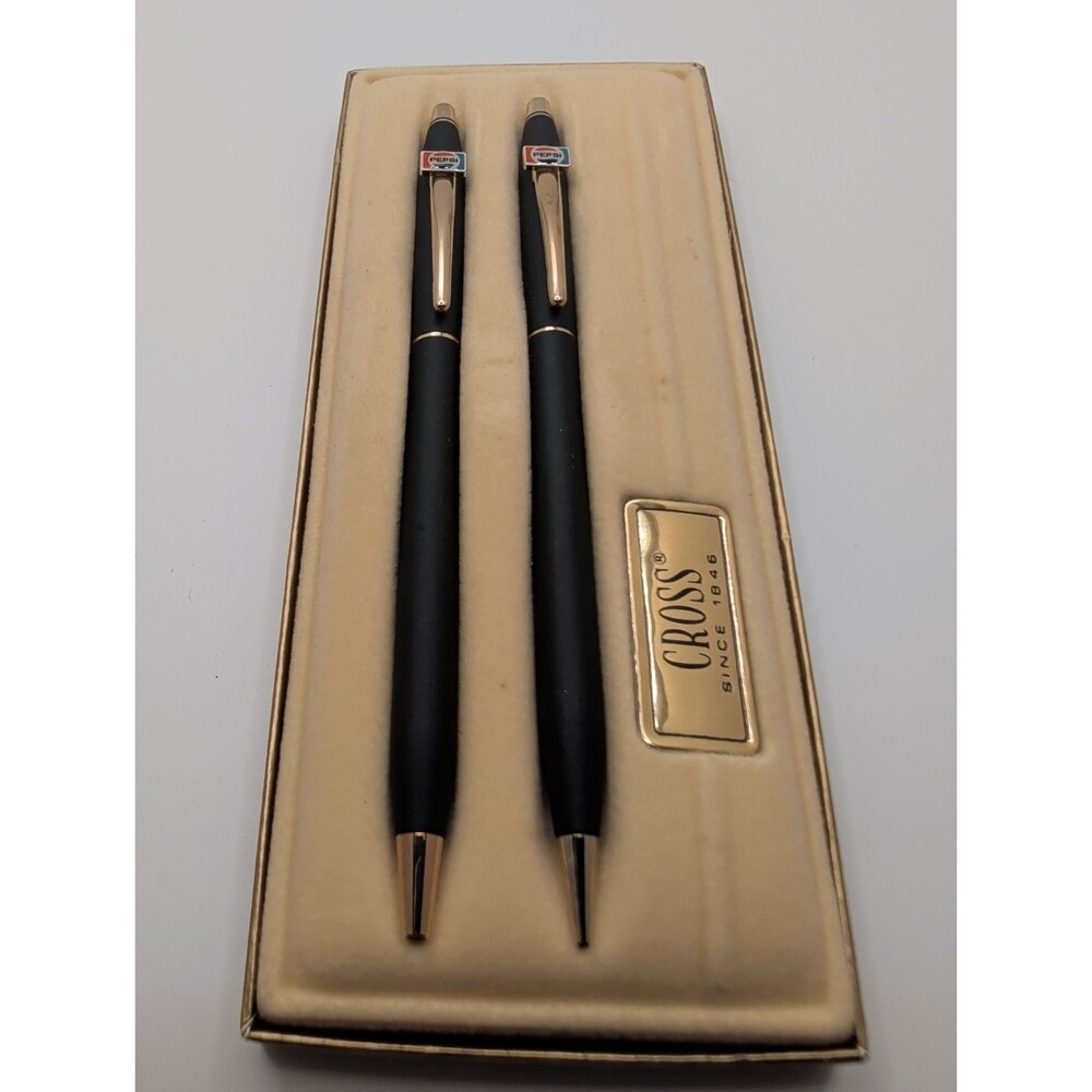 Vintage Cross Classic Black Ballpoint Pen Pencil Set 2501 Gold Trim Pepsi Logo